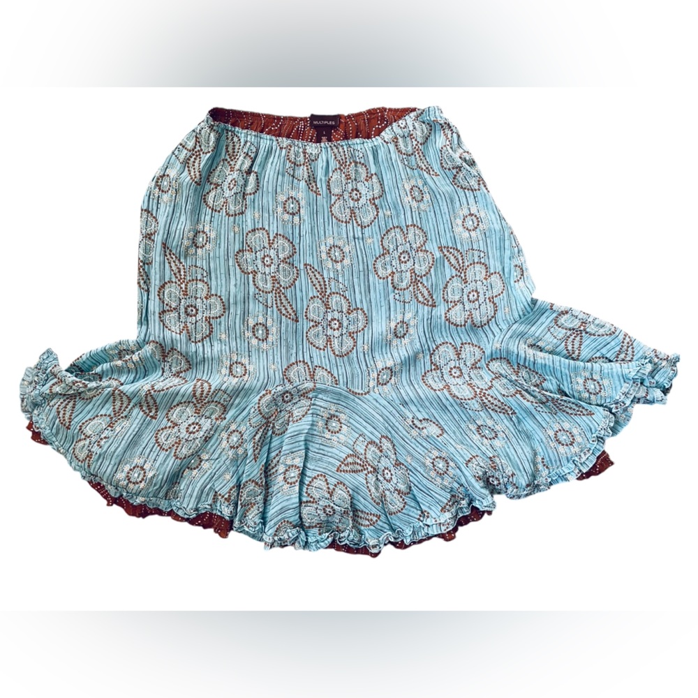 Multiples Y2K Blue Brown Playful Floral Dot Asymmetrical Reversible Ruffle Skirt